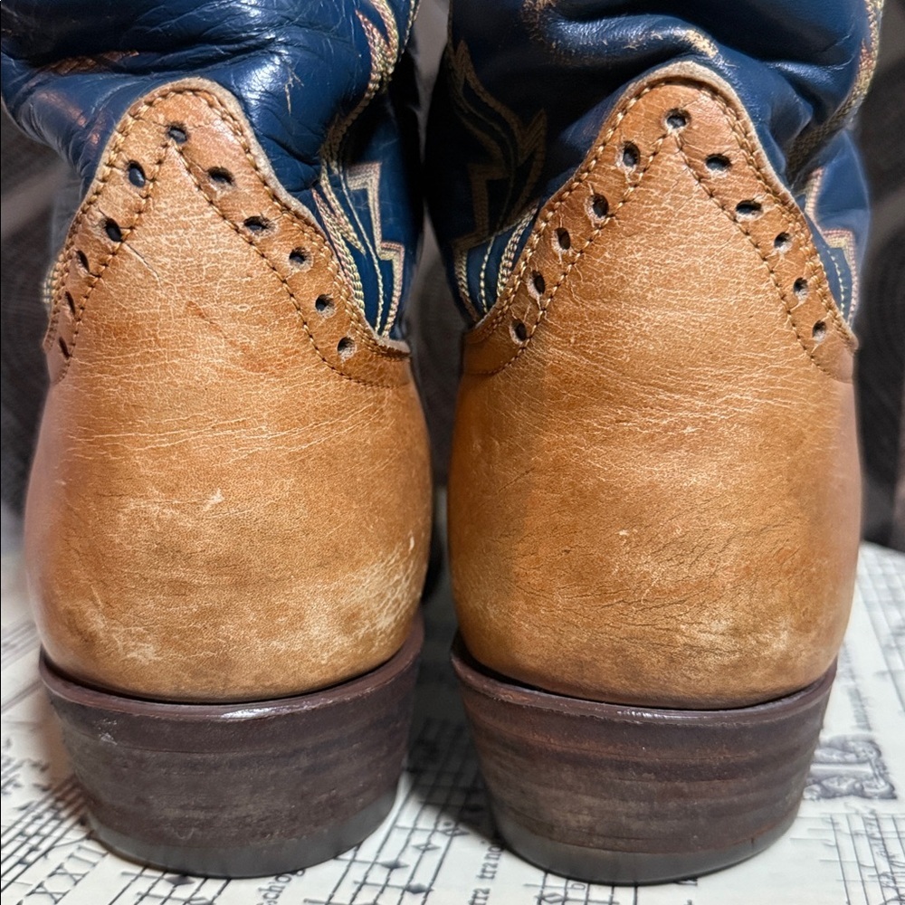 Hondo Crazy Horse Distressed Embroidered Navy/ Brown Leather Western Boots SZ9 - Picture 5 of 14